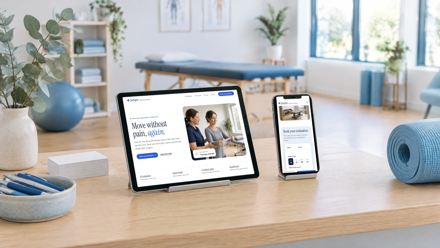 The Juniper site on a tablet and a phone at a clinic reception desk