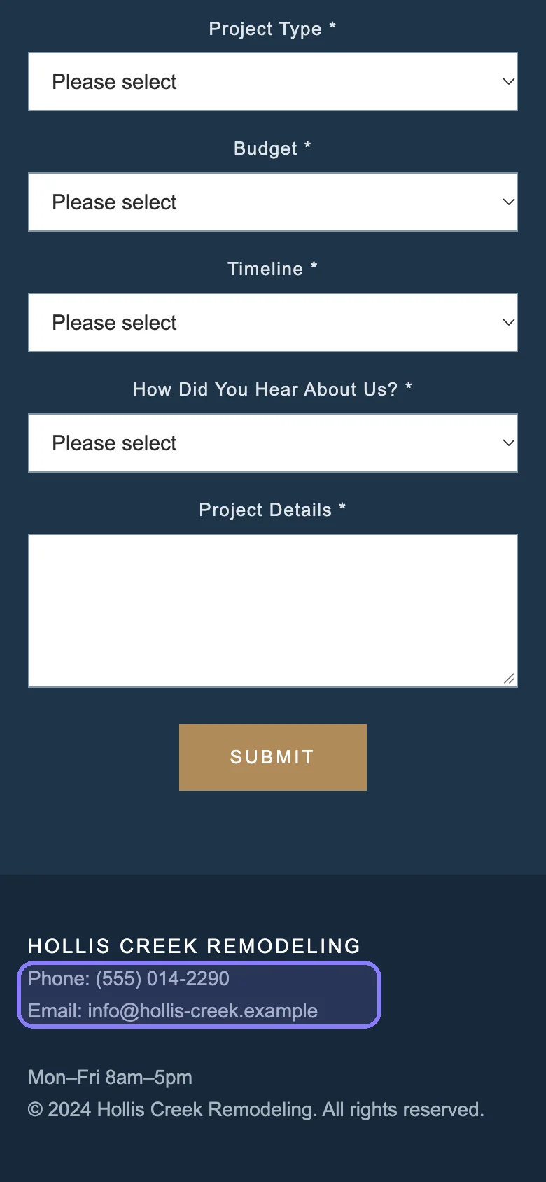 Hollis Creek on a phone: the footer, where the phone number is plain text