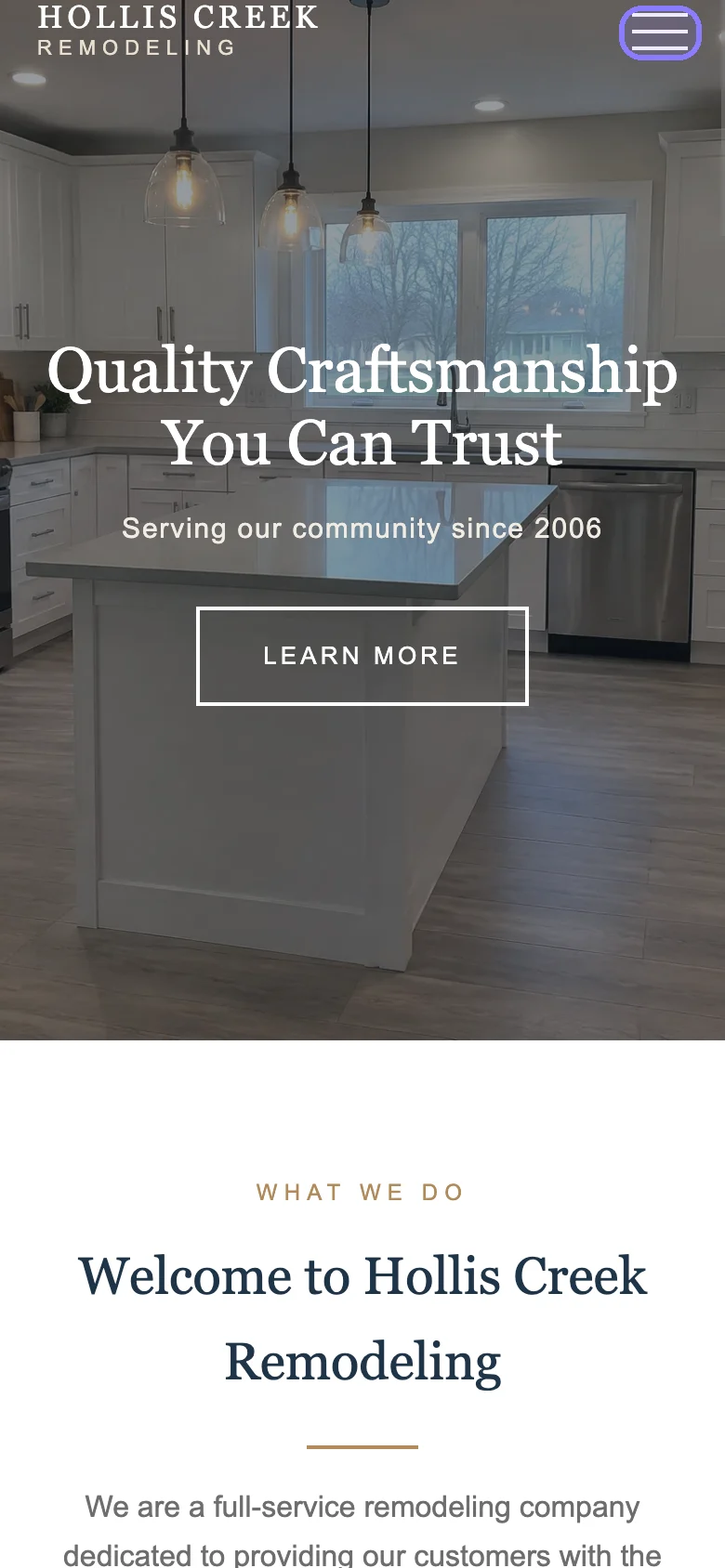 Hollis Creek on a phone: the top of the page, with a menu button but no call button