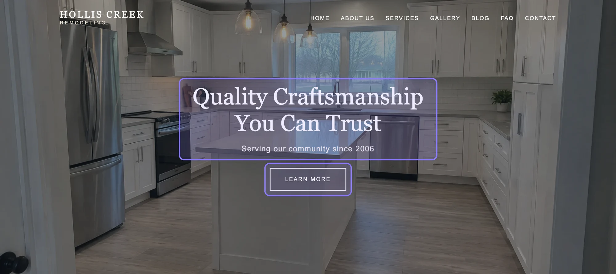 Hollis Creek homepage on a desktop: the headline Quality Craftsmanship You Can Trust and a Learn More button, both marked