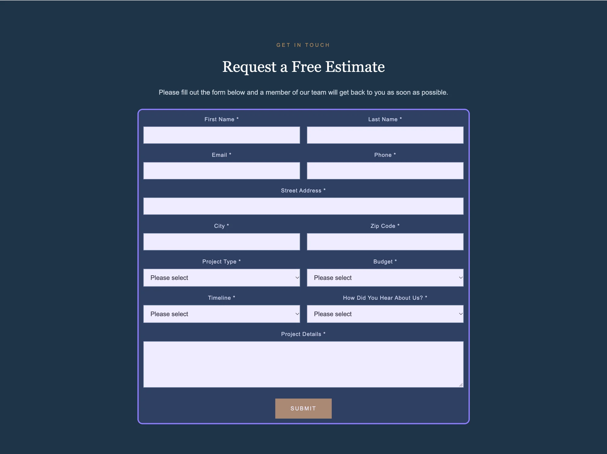 Hollis Creek estimate form with eleven required fields, marked