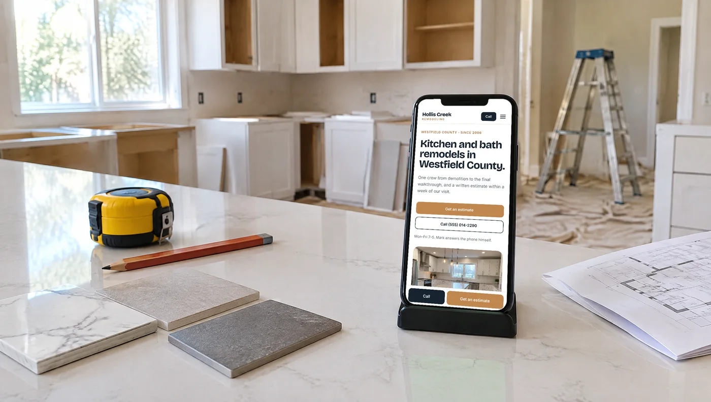 The rebuilt Hollis Creek page on a phone on a kitchen counter mid-remodel: “Kitchen and bath remodels in Westfield County.”